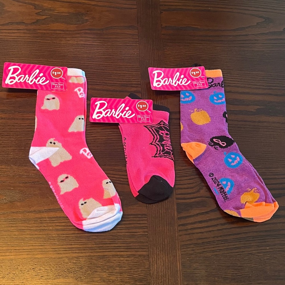 Barbie Halloween Socks Set of 3 Ghost Pumpkin Pink Purple Girls Size 9-2.5 NEW